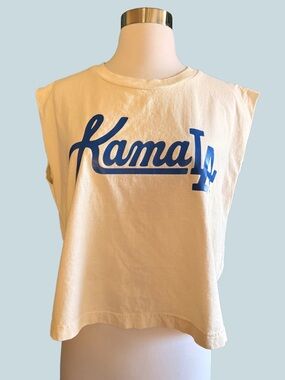Kamala Harris LA Graphic Muscle Tee Tank Cream Blue Dodgers Logo Uplifters M